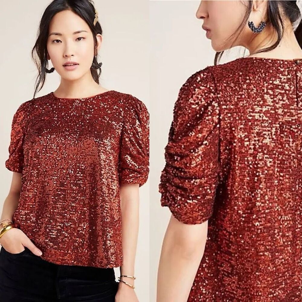 Anthropologie Marie Sequined Blouse Size 2 copper